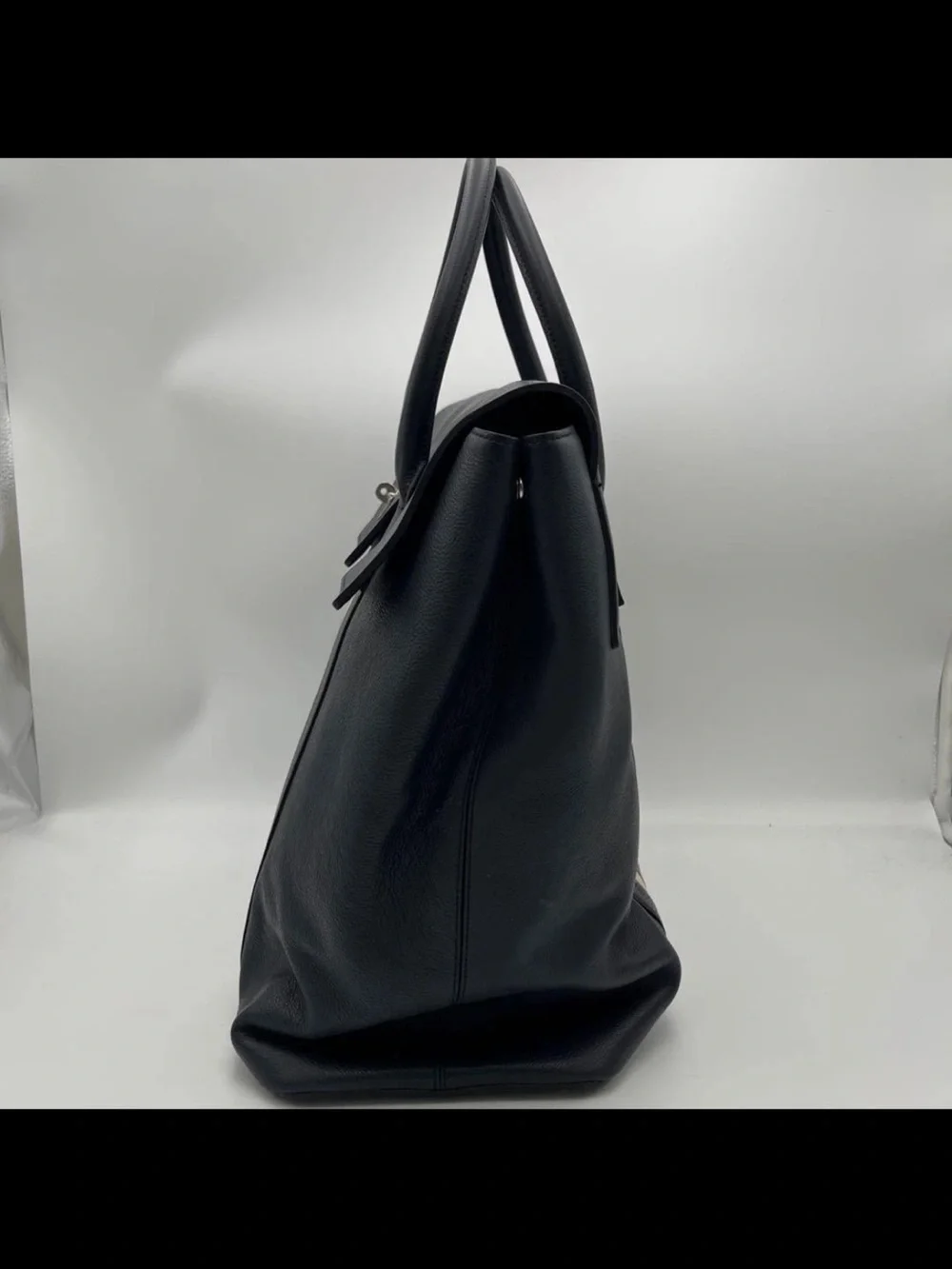 Mulberry Navy Leather Tote with Cream and Olive Center Stripe
